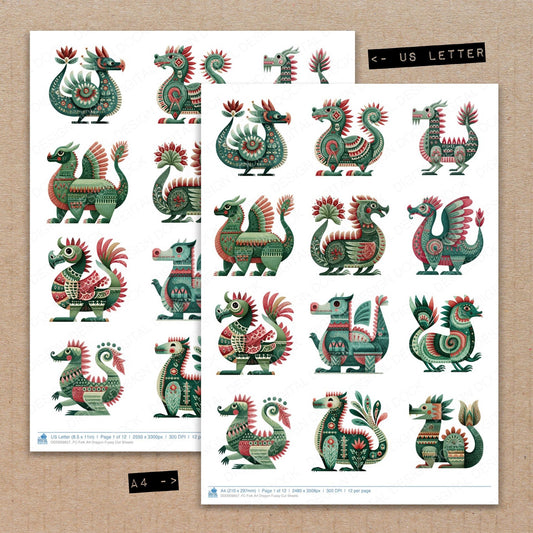 A4 and US Letter format comparison showing Folk Art Dragon fussy cut pages for print and cut crafting