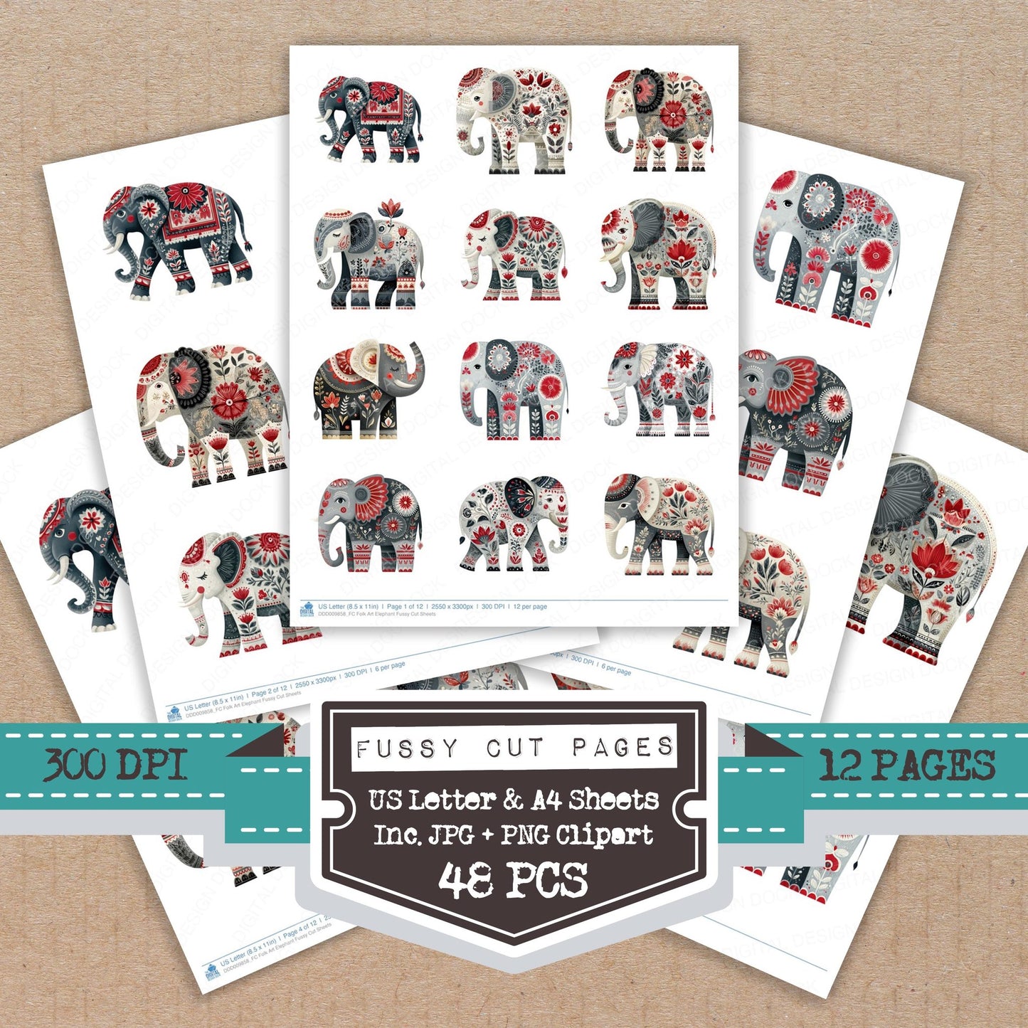Folk Art Elephant fussy cut printable sheets for junk journaling, scrapbooking, and paper craft projects