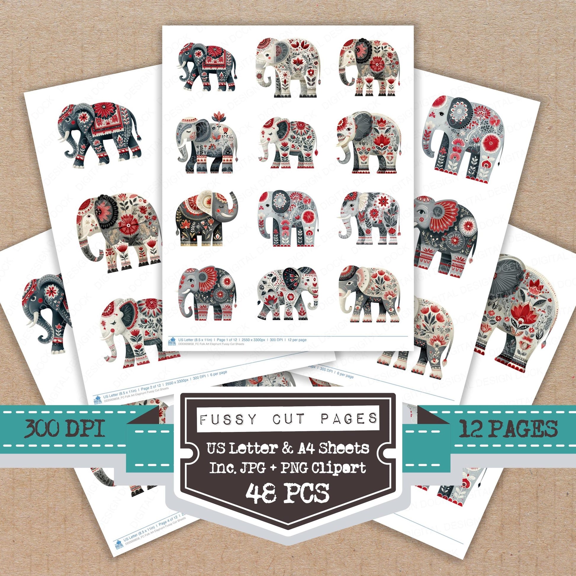 Folk Art Elephant fussy cut printable sheets for junk journaling, scrapbooking, and paper craft projects