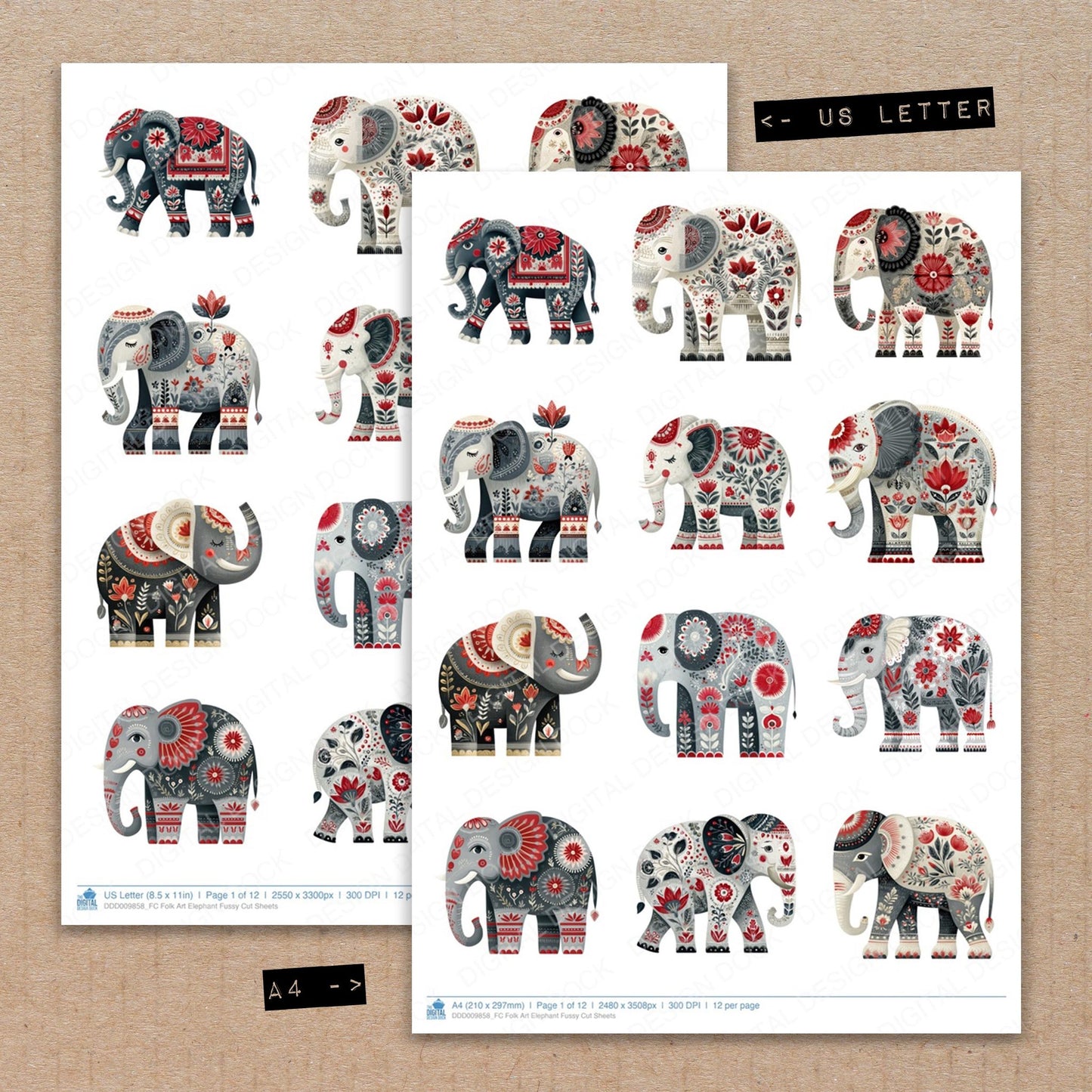A4 and US Letter format comparison showing Folk Art Elephant fussy cut pages for print and cut crafting