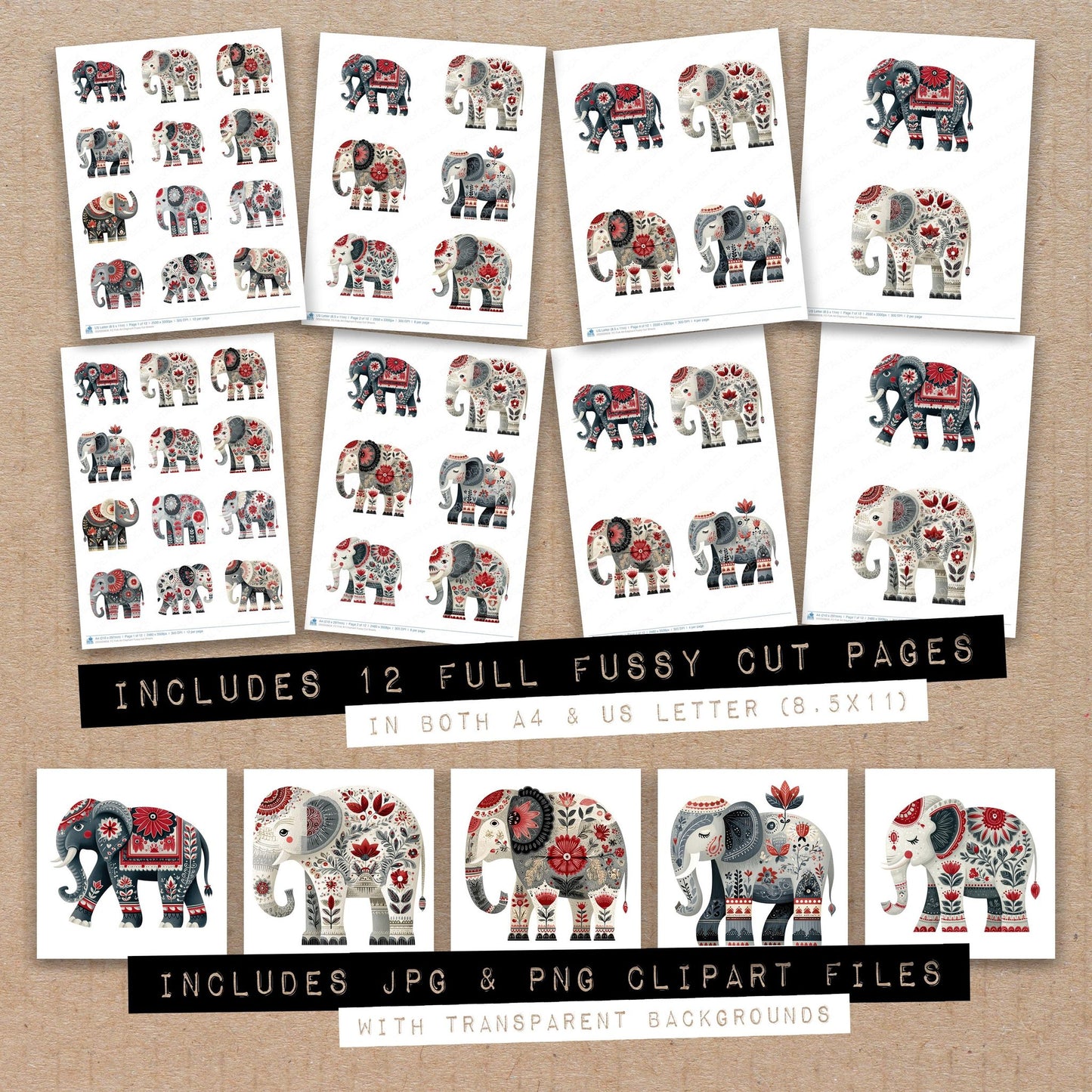 Full collection view of Folk Art Elephant fussy cut sheets with bonus clipart JPG and PNG files