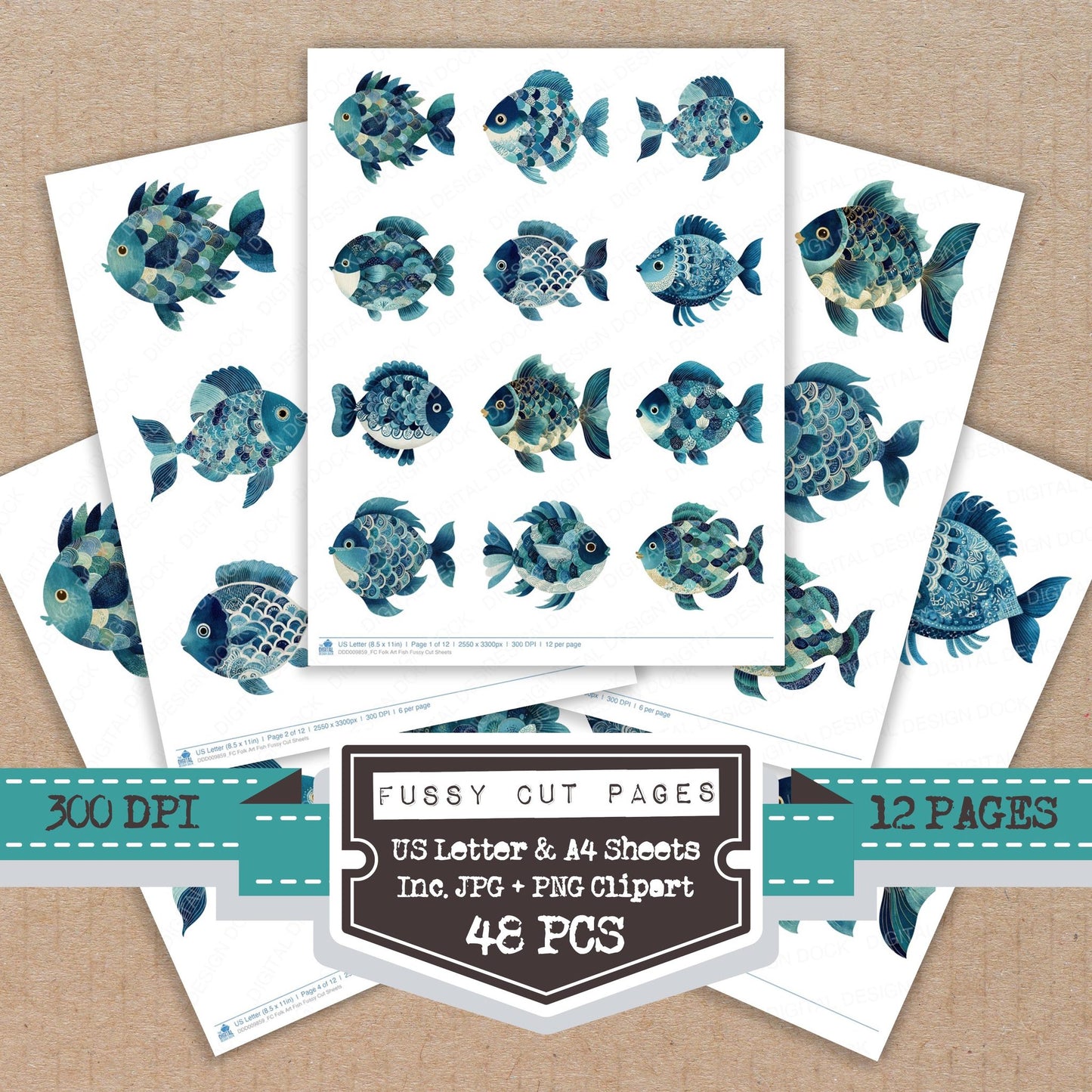 Folk Art Fish fussy cut printable sheets for junk journaling, scrapbooking, and paper craft projects