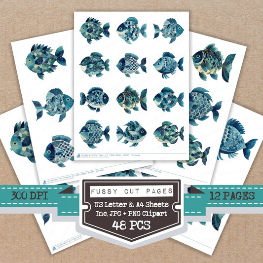 Folk Art Fish fussy cut printable sheets for junk journaling, scrapbooking, and paper craft projects