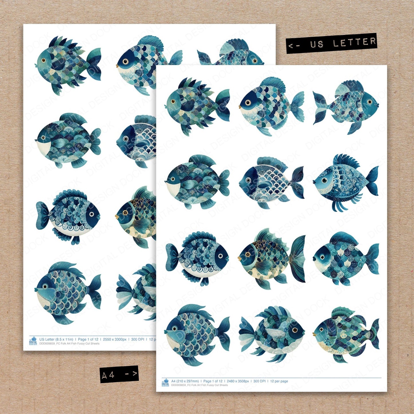 A4 and US Letter format comparison showing Folk Art Fish fussy cut pages for print and cut crafting