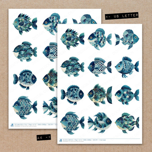 A4 and US Letter format comparison showing Folk Art Fish fussy cut pages for print and cut crafting