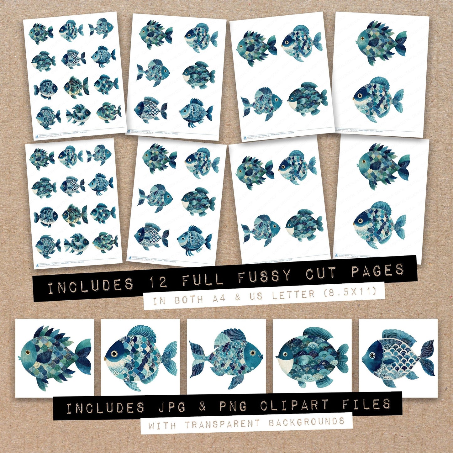 Full collection view of Folk Art Fish fussy cut sheets with bonus clipart JPG and PNG files