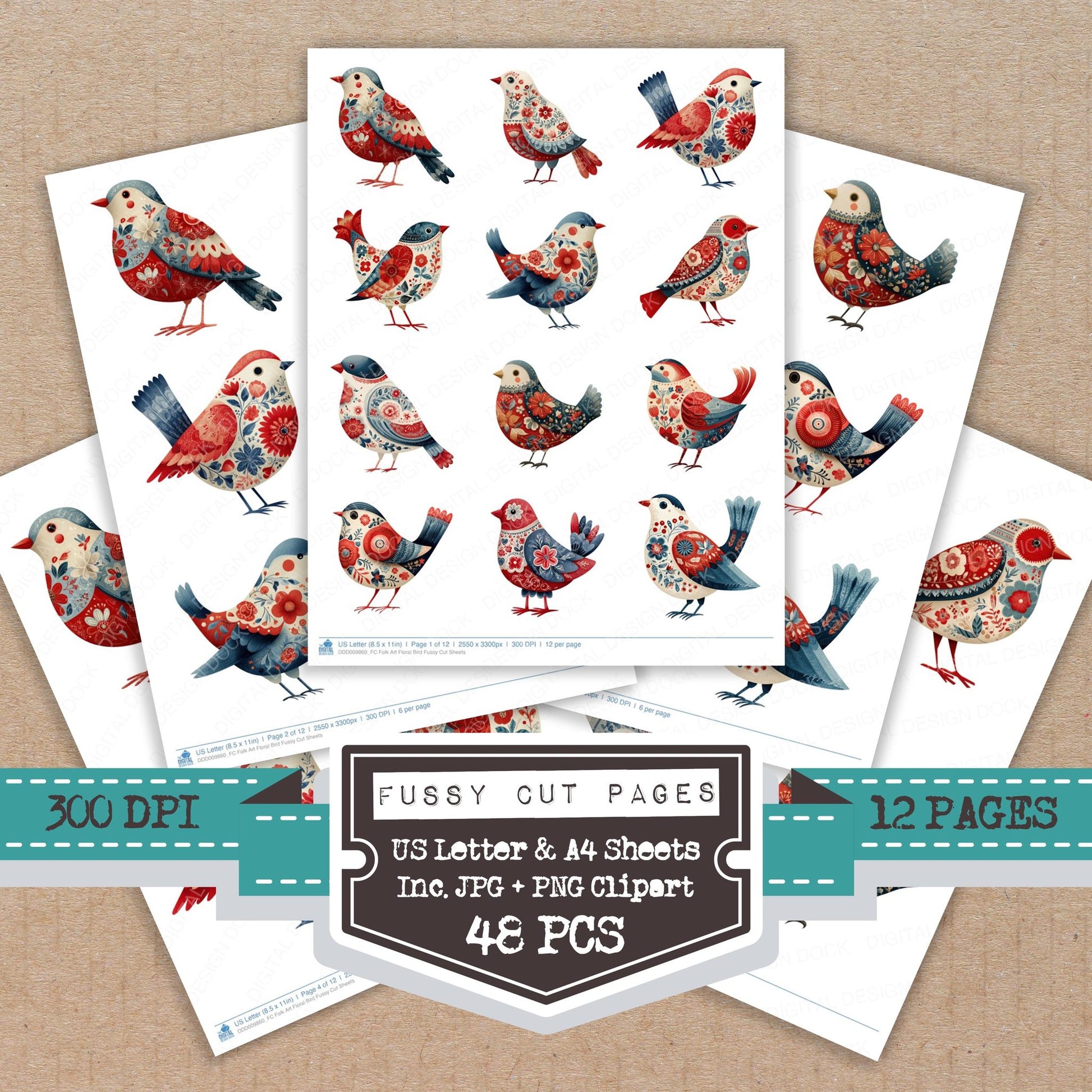 Folk Art Floral Bird fussy cut printable sheets for junk journaling, scrapbooking, and paper craft projects