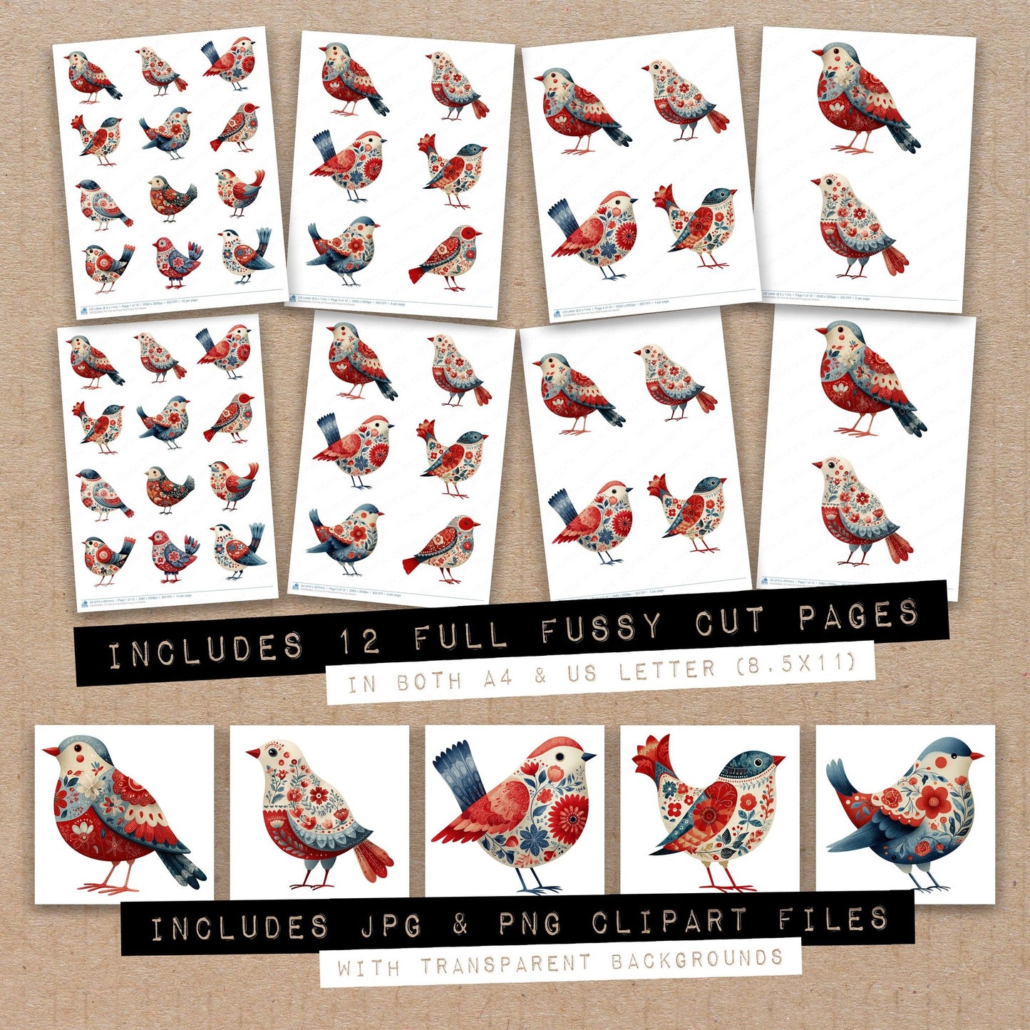 Full collection view of Folk Art Floral Bird fussy cut sheets with bonus clipart JPG and PNG files