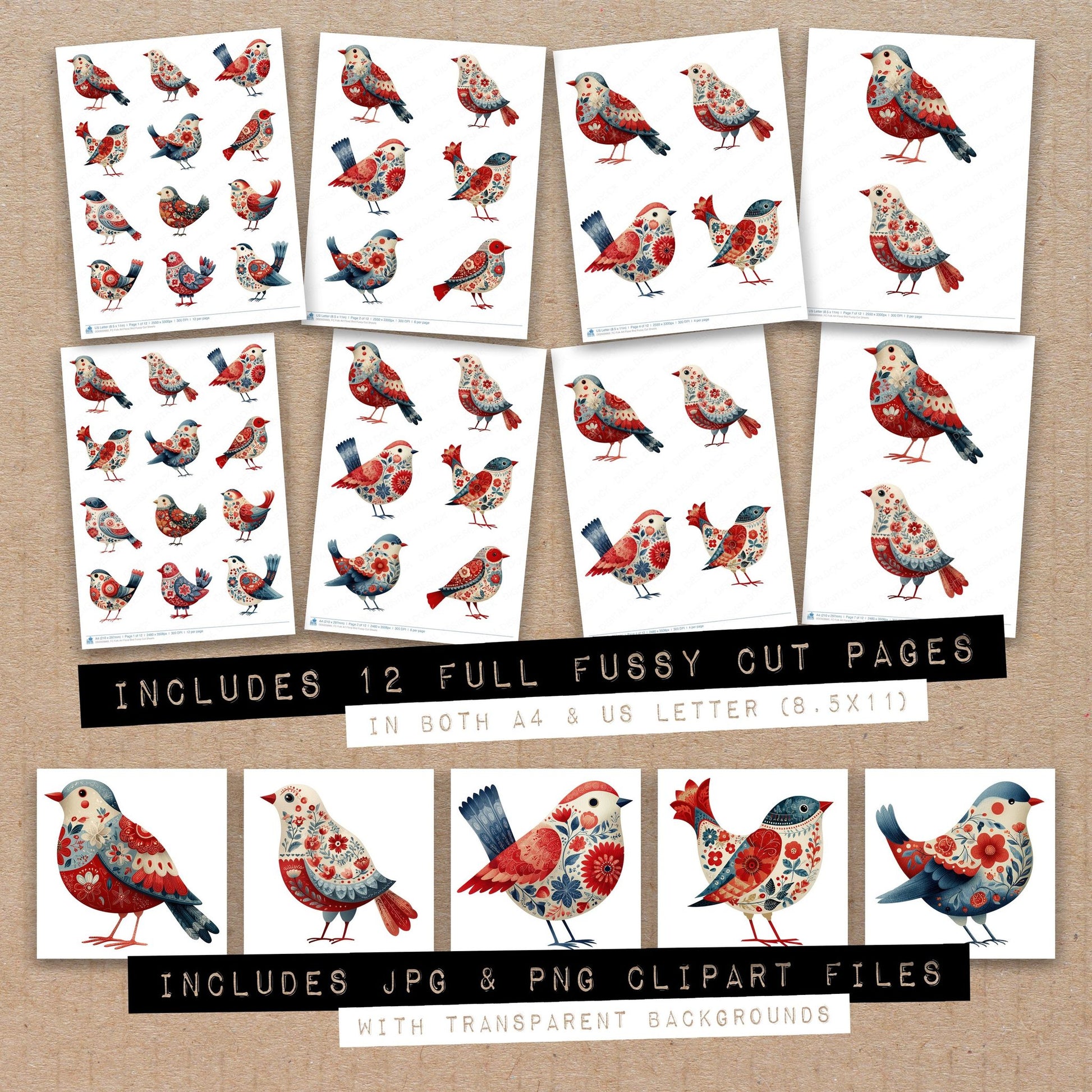 Full collection view of Folk Art Floral Bird fussy cut sheets with bonus clipart JPG and PNG files