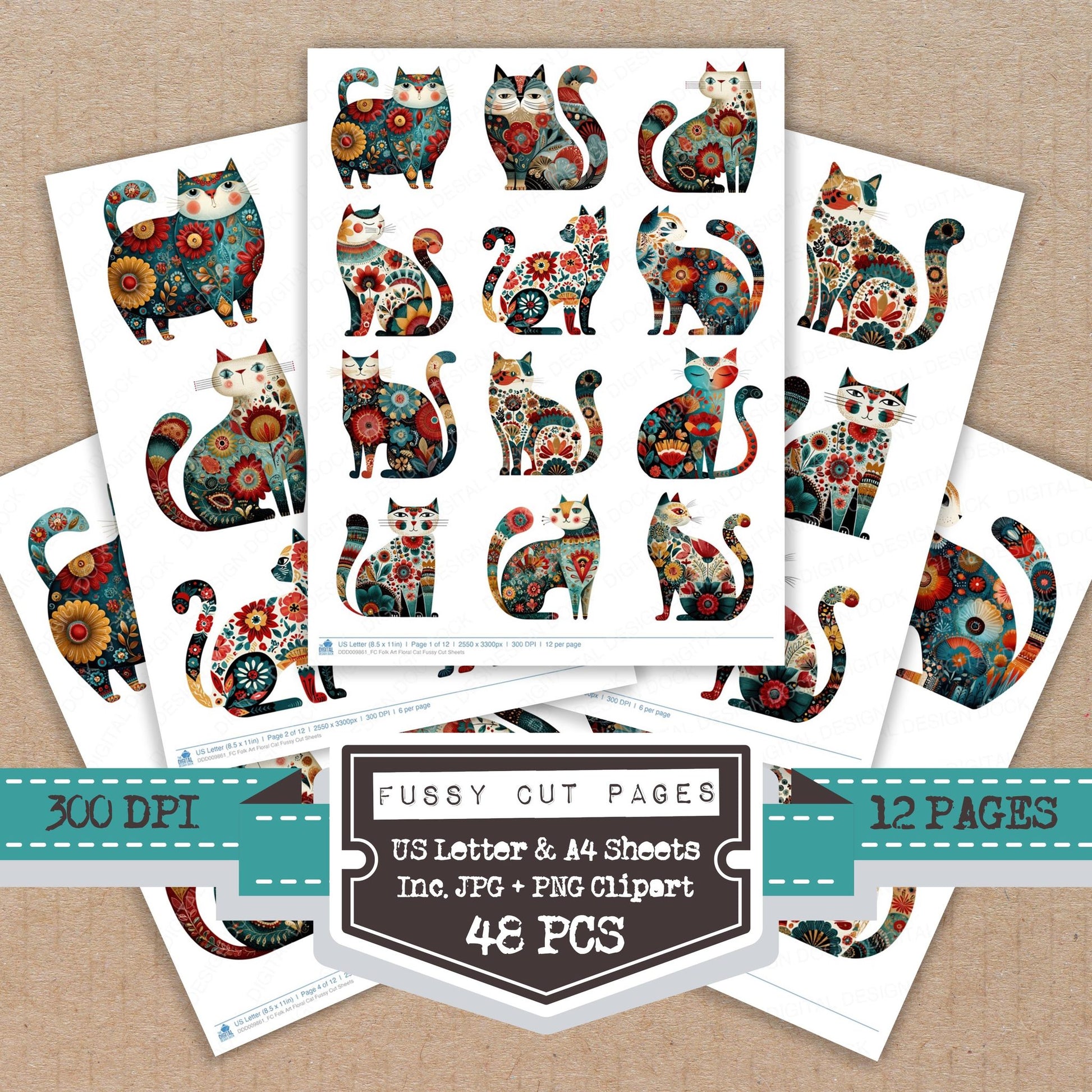 Folk Art Floral Cat fussy cut printable sheets for junk journaling, scrapbooking, and paper craft projects