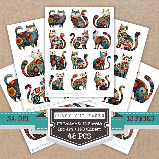 Folk Art Floral Cat fussy cut printable sheets for junk journaling, scrapbooking, and paper craft projects