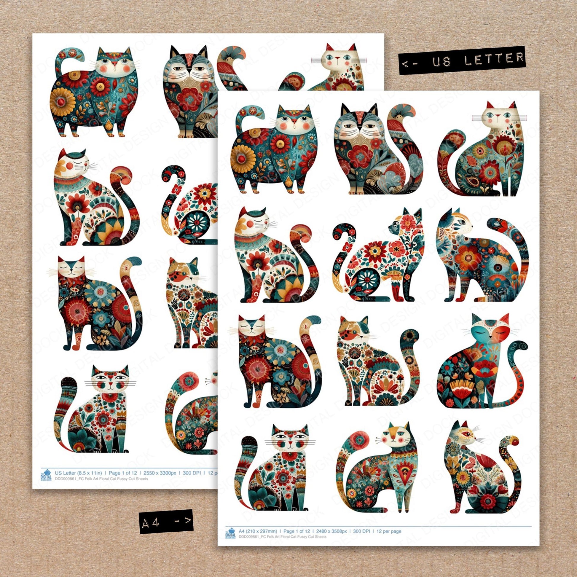 A4 and US Letter format comparison showing Folk Art Floral Cat fussy cut pages for print and cut crafting