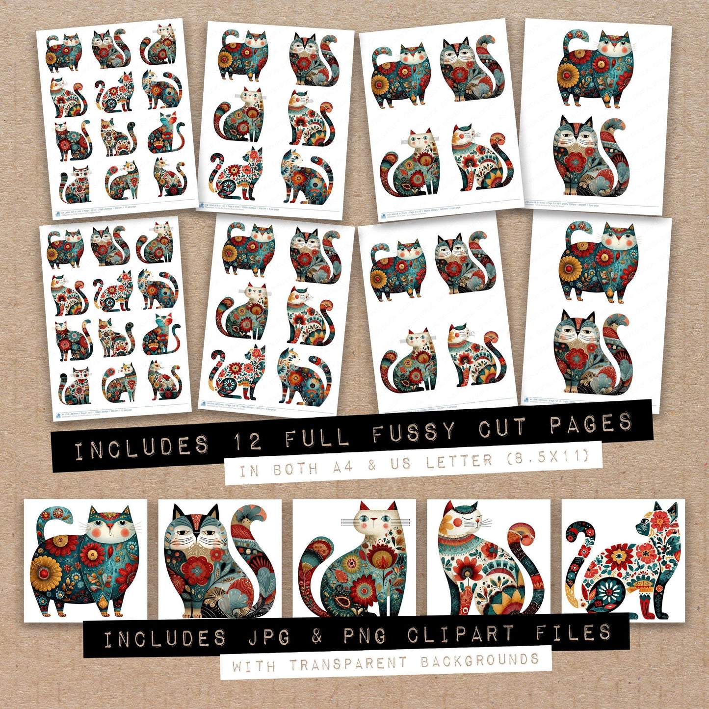 Full collection view of Folk Art Floral Cat fussy cut sheets with bonus clipart JPG and PNG files