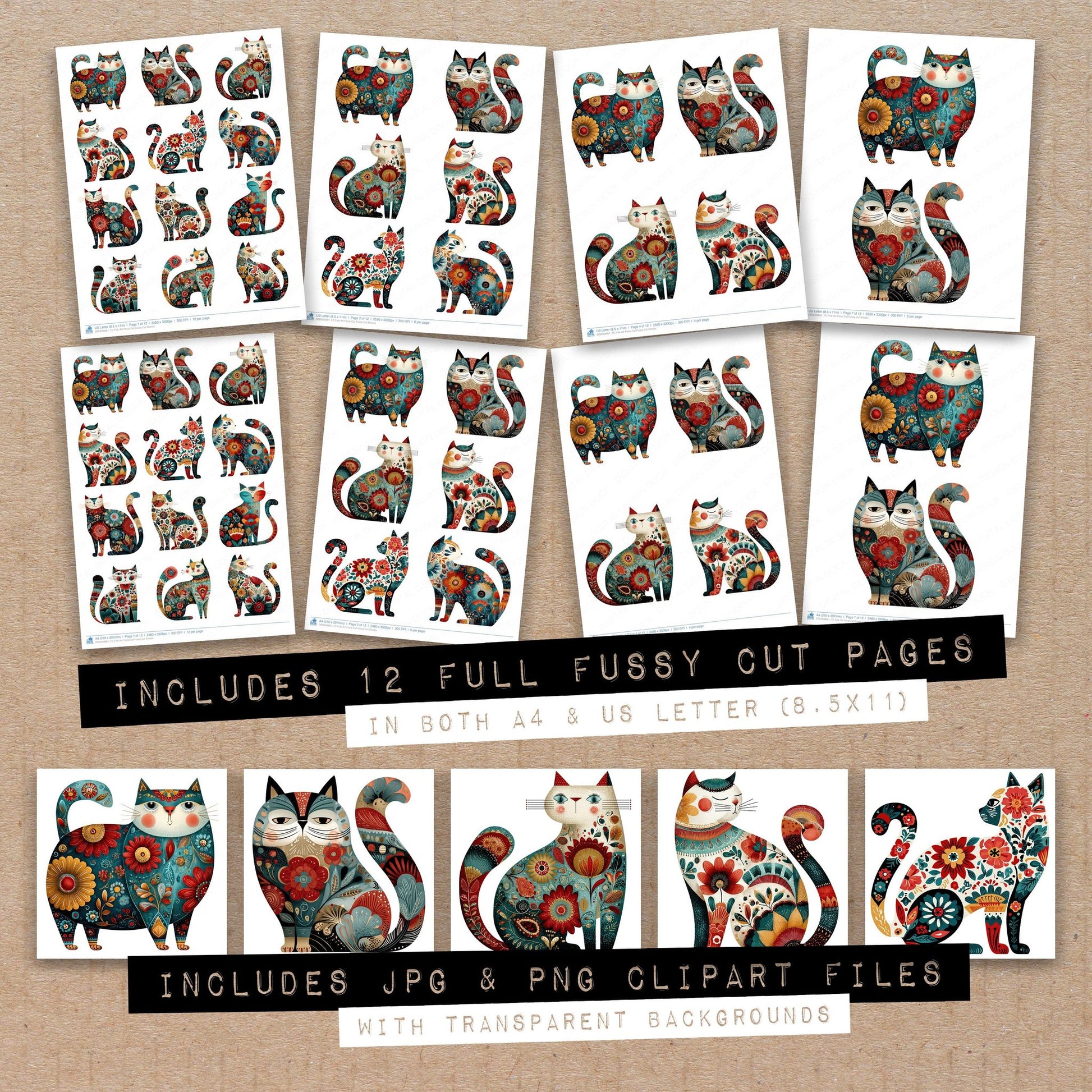 Full collection view of Folk Art Floral Cat fussy cut sheets with bonus clipart JPG and PNG files