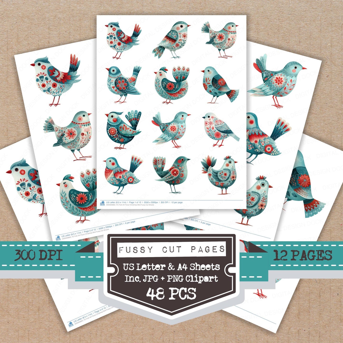 Folk Art Floral Christmas Bird fussy cut printable sheets for junk journaling, scrapbooking, and paper craft projects