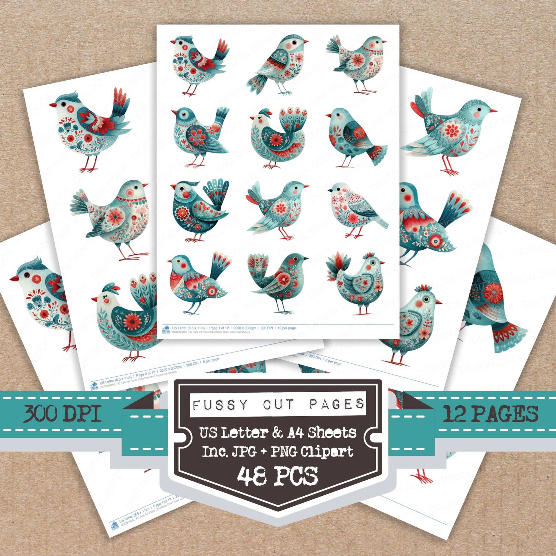 Folk Art Floral Christmas Bird fussy cut printable sheets for junk journaling, scrapbooking, and paper craft projects