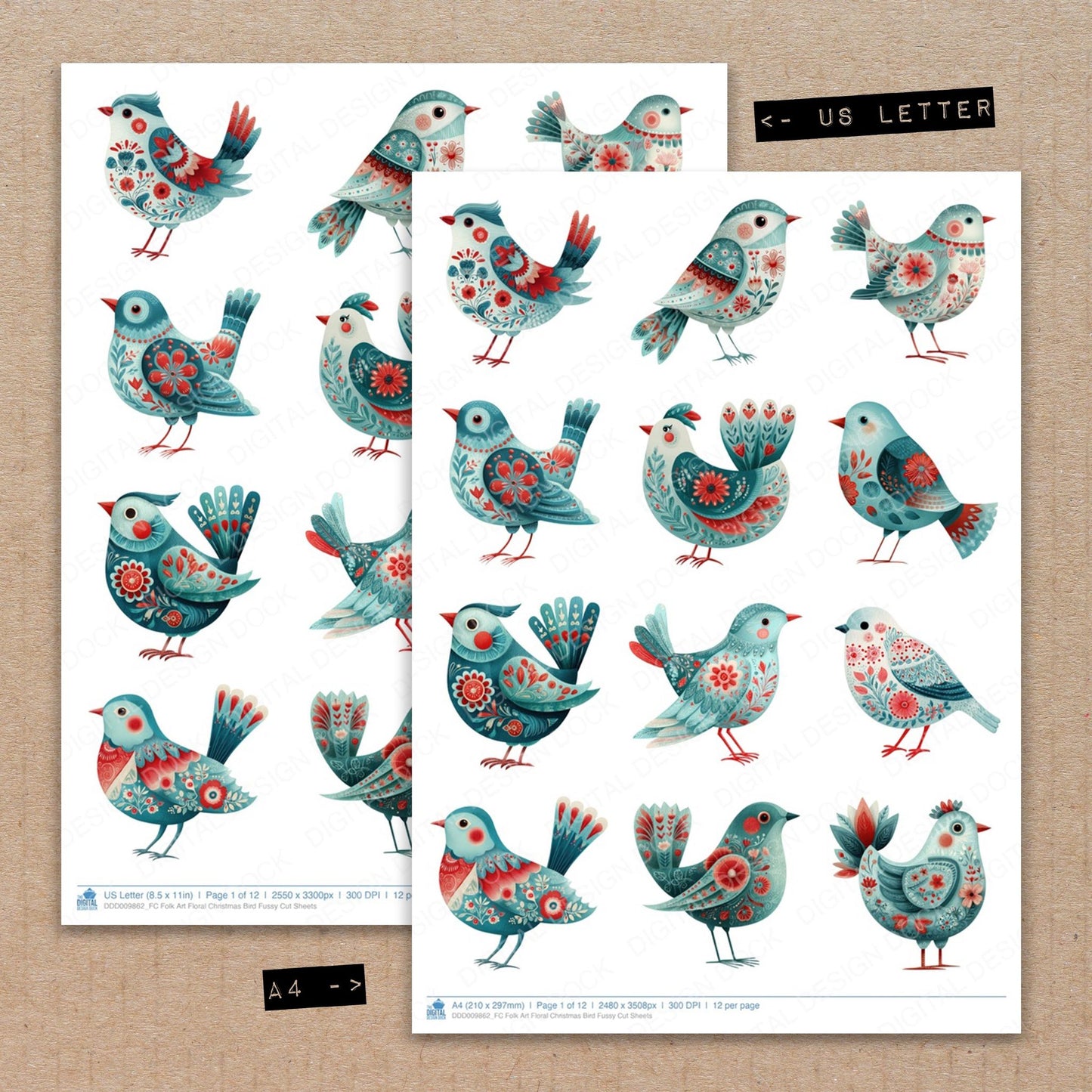 A4 and US Letter format comparison showing Folk Art Floral Christmas Bird fussy cut pages for print and cut crafting