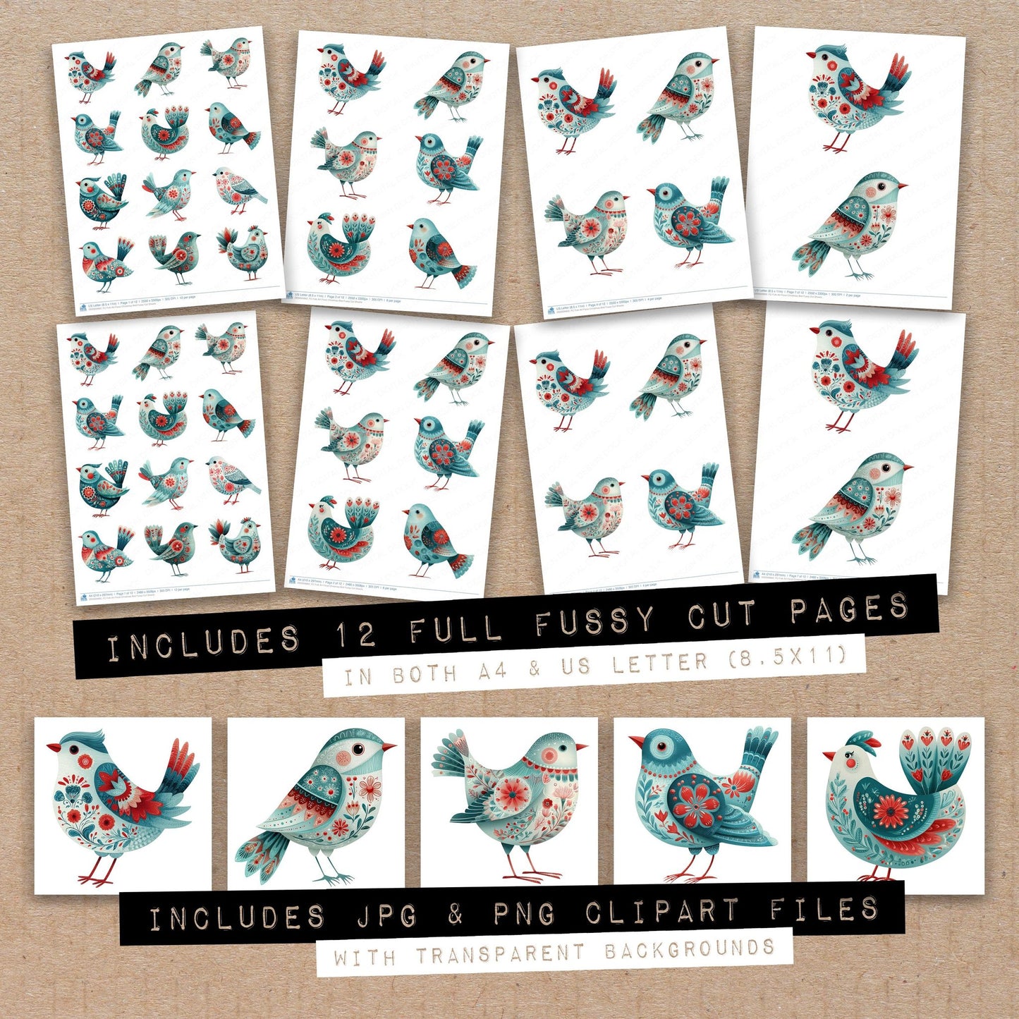 Full collection view of Folk Art Floral Christmas Bird fussy cut sheets with bonus clipart JPG and PNG files
