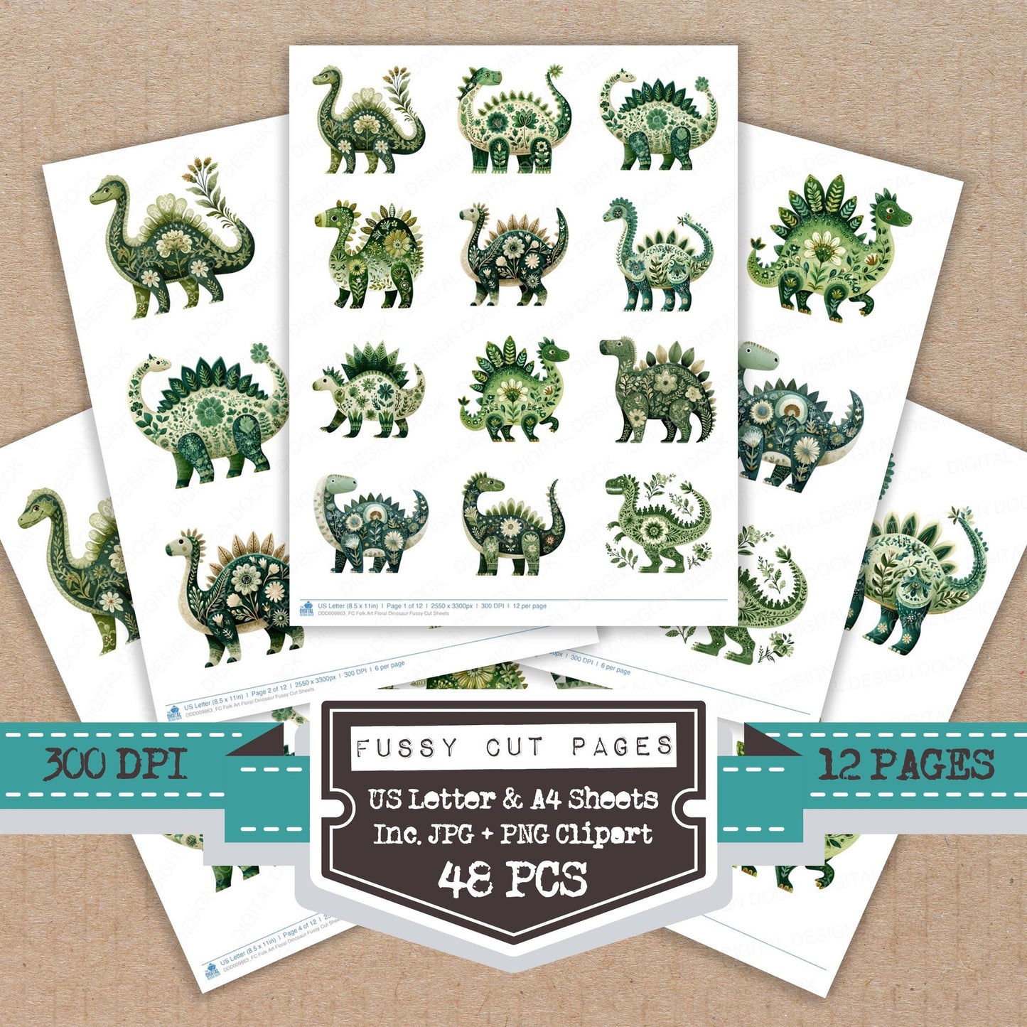 Folk Art Floral Dinosaur fussy cut printable sheets for junk journaling, scrapbooking, and paper craft projects