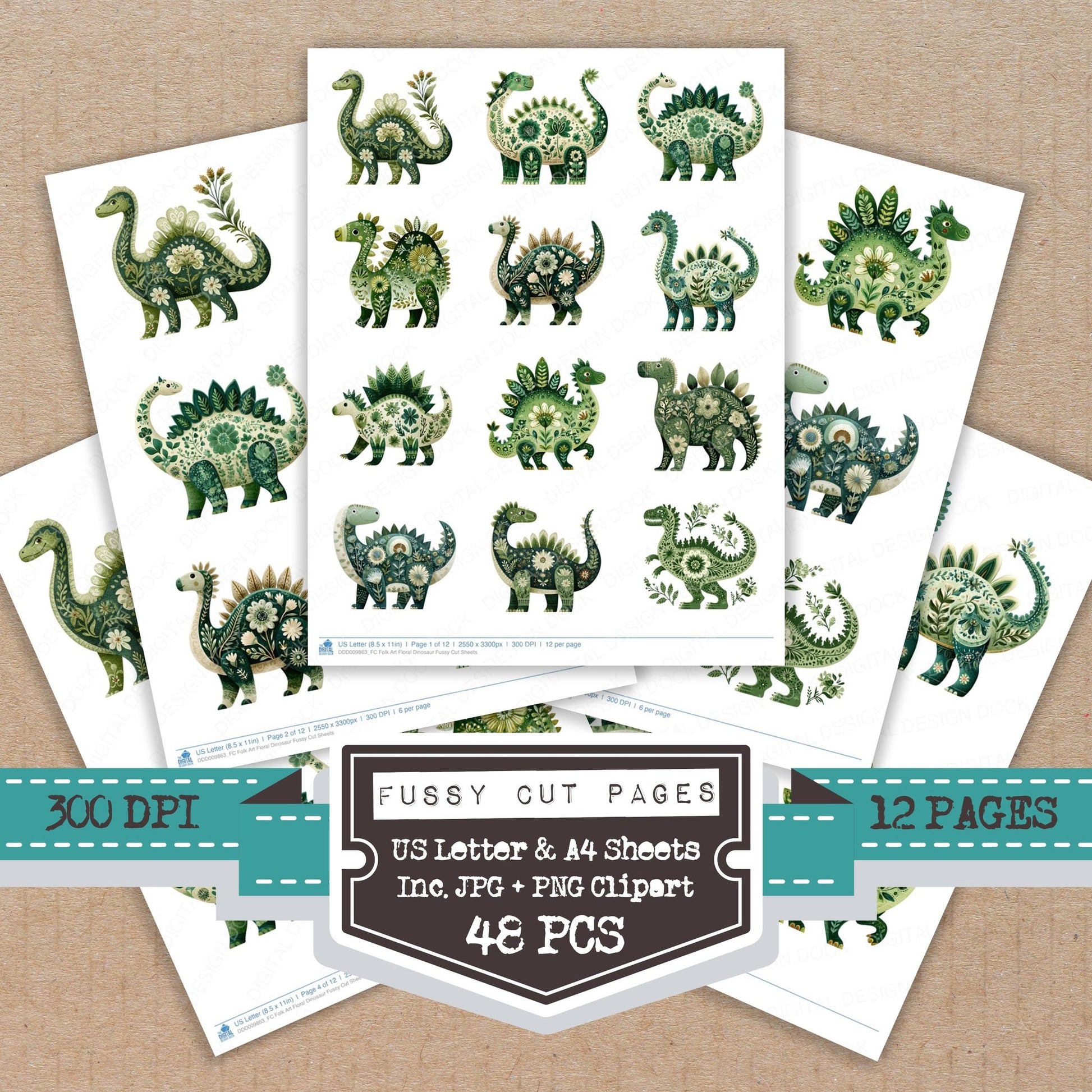 Folk Art Floral Dinosaur fussy cut printable sheets for junk journaling, scrapbooking, and paper craft projects