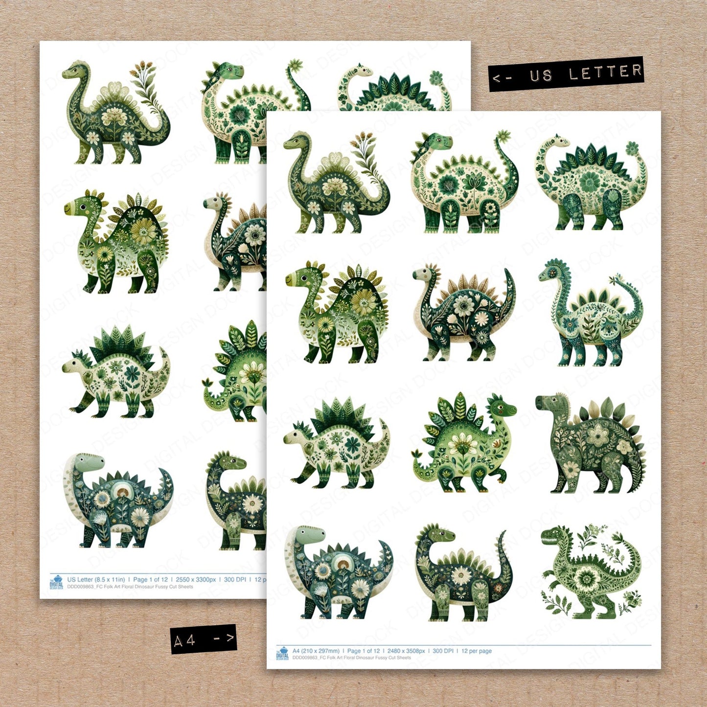 A4 and US Letter format comparison showing Folk Art Floral Dinosaur fussy cut pages for print and cut crafting