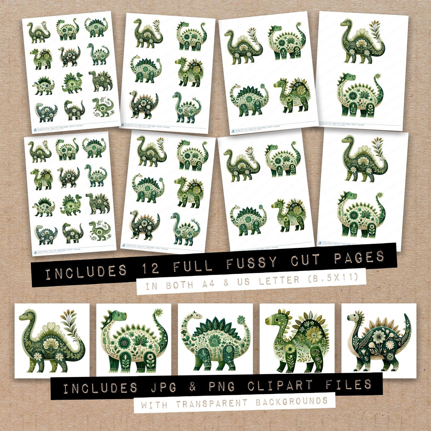 Full collection view of Folk Art Floral Dinosaur fussy cut sheets with bonus clipart JPG and PNG files