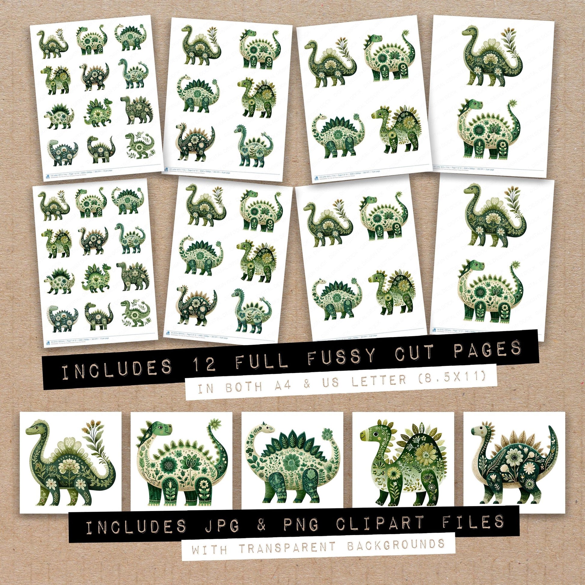 Full collection view of Folk Art Floral Dinosaur fussy cut sheets with bonus clipart JPG and PNG files