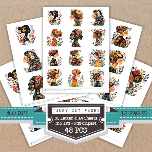 Folk Art Floral Woman fussy cut printable sheets for junk journaling, scrapbooking, and paper craft projects