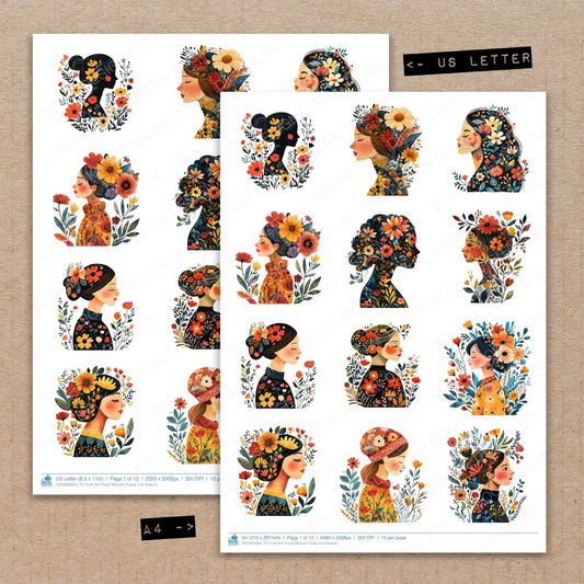 A4 and US Letter format comparison showing Folk Art Floral Woman fussy cut pages for print and cut crafting