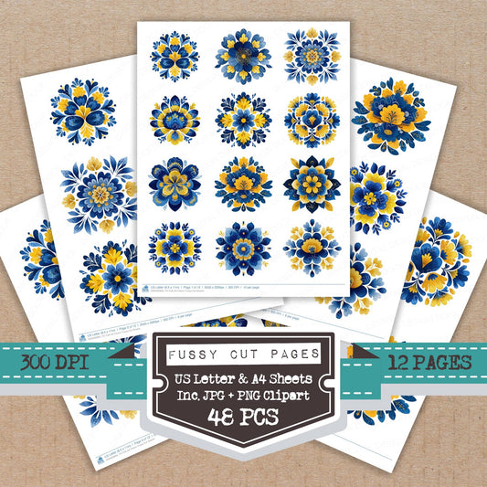 Folk Art Flower fussy cut printable sheets for junk journaling, scrapbooking, and paper craft projects
