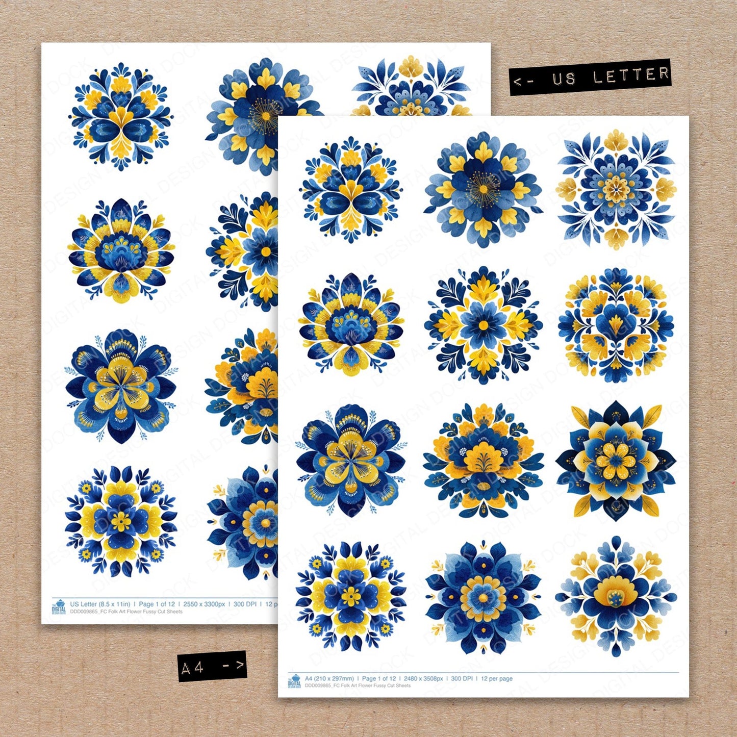 A4 and US Letter format comparison showing Folk Art Flower fussy cut pages for print and cut crafting