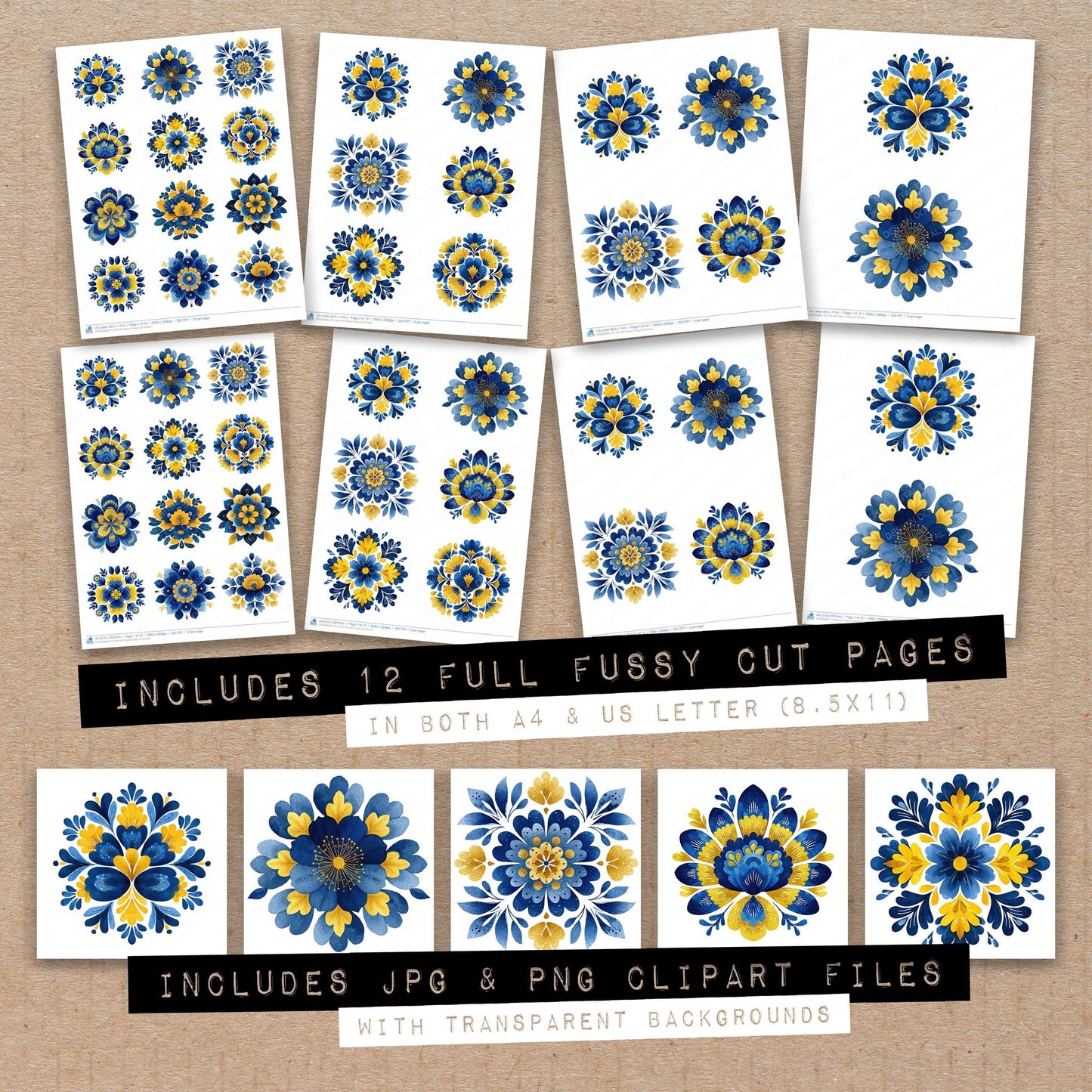 Full collection view of Folk Art Flower fussy cut sheets with bonus clipart JPG and PNG files