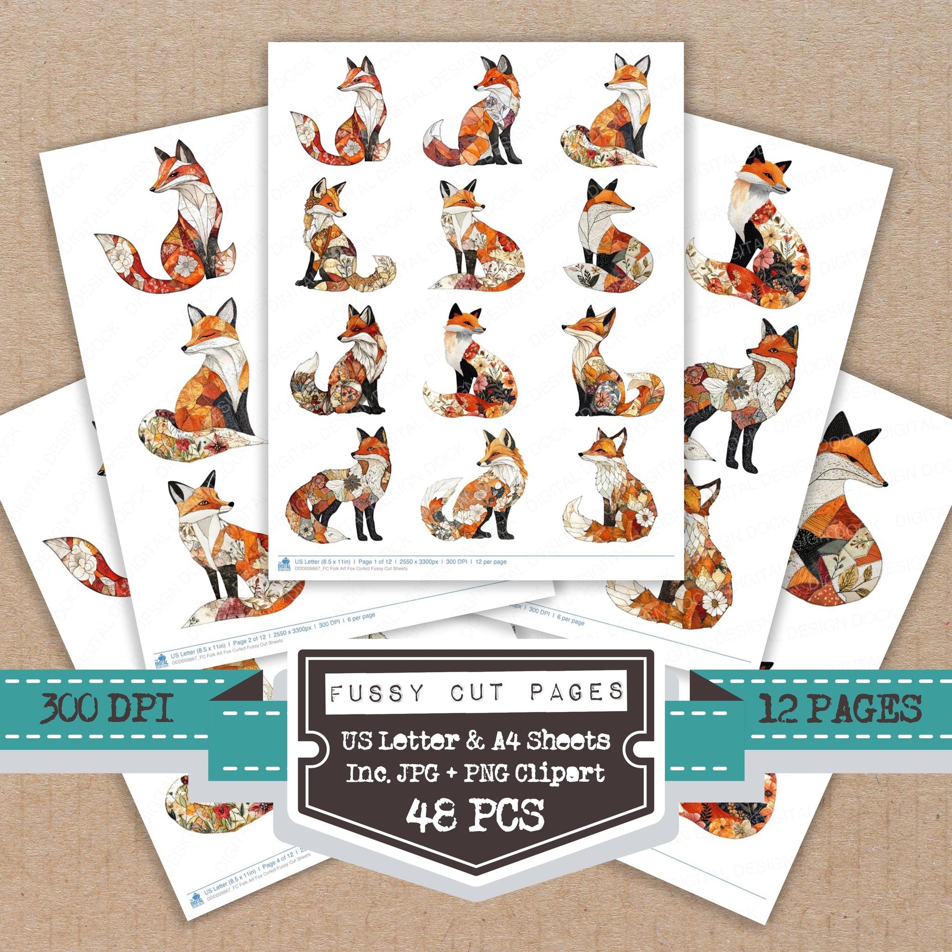 Folk Art Fox Curled fussy cut printable sheets for junk journaling, scrapbooking, and paper craft projects