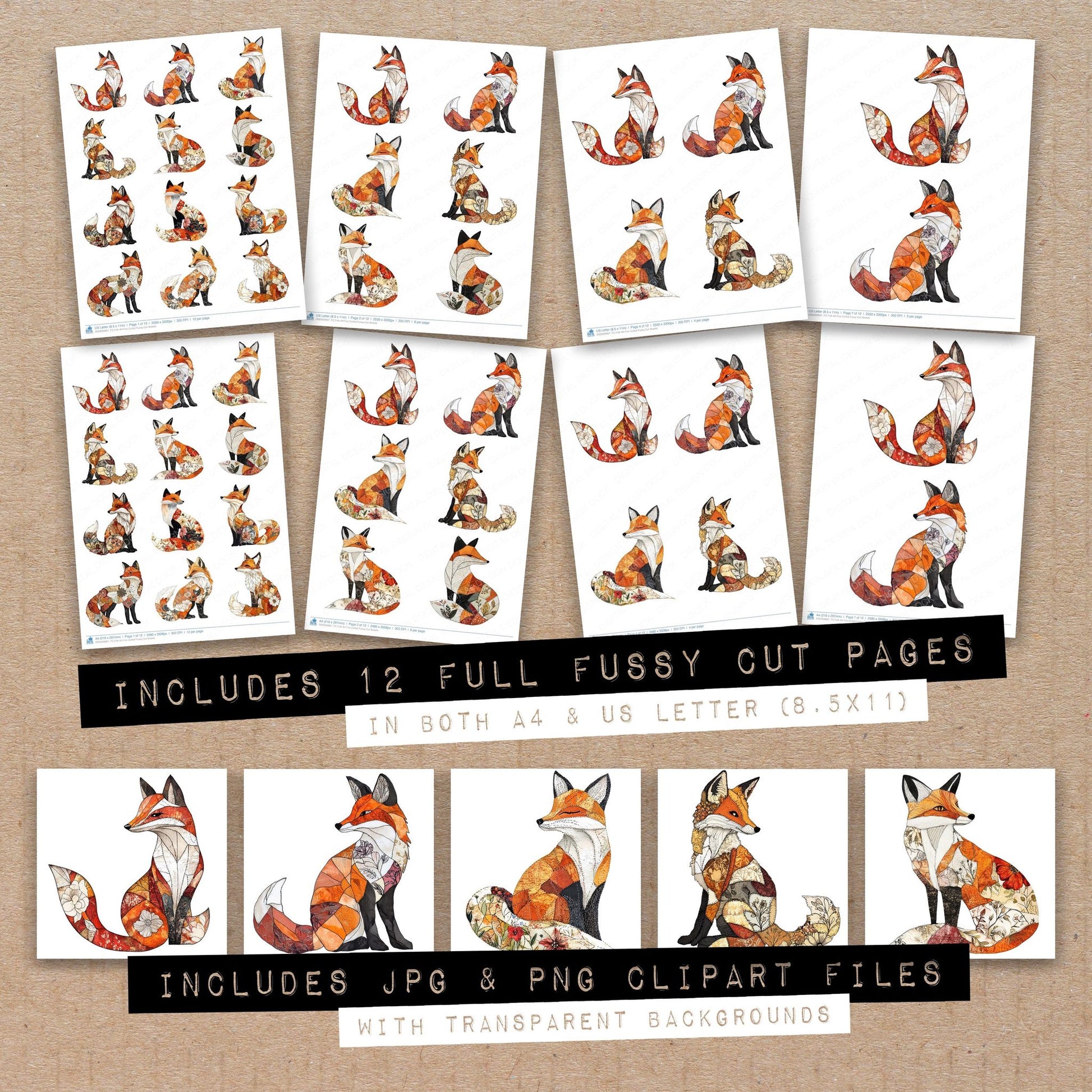 Full collection view of Folk Art Fox Curled fussy cut sheets with bonus clipart JPG and PNG files