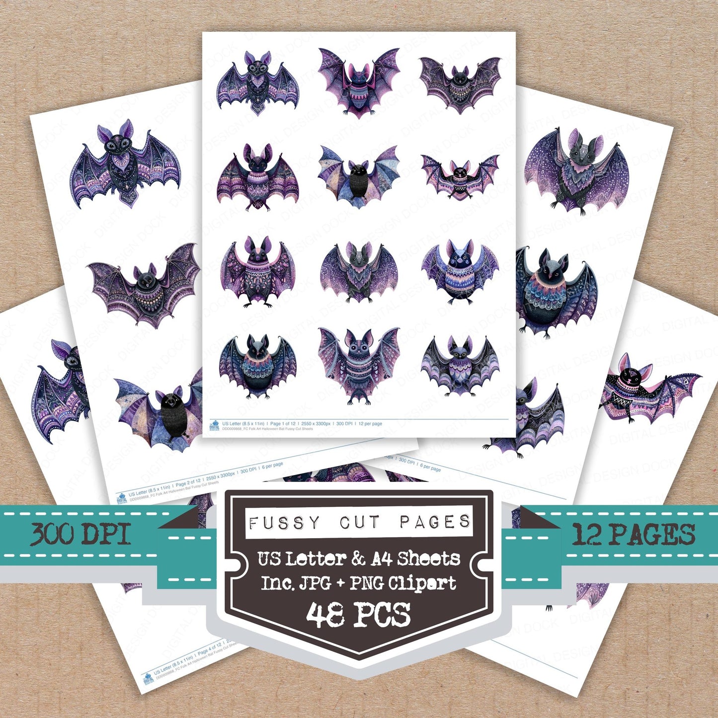 Folk Art Halloween Bat fussy cut printable sheets for junk journaling, scrapbooking, and paper craft projects