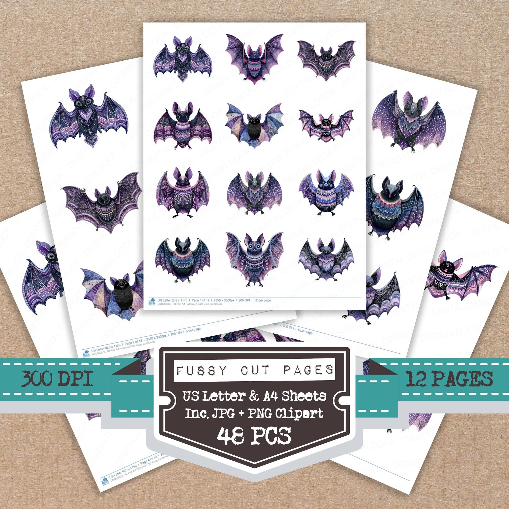Folk Art Halloween Bat fussy cut printable sheets for junk journaling, scrapbooking, and paper craft projects