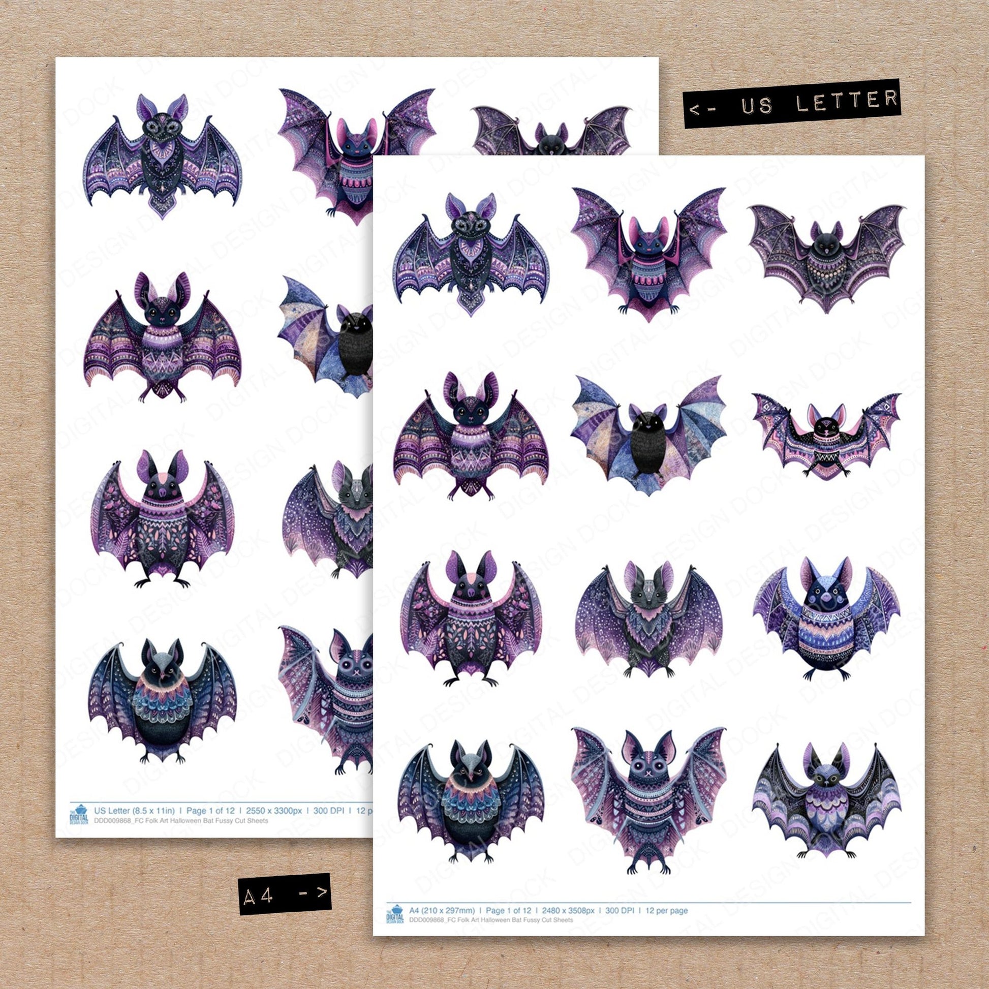 A4 and US Letter format comparison showing Folk Art Halloween Bat fussy cut pages for print and cut crafting