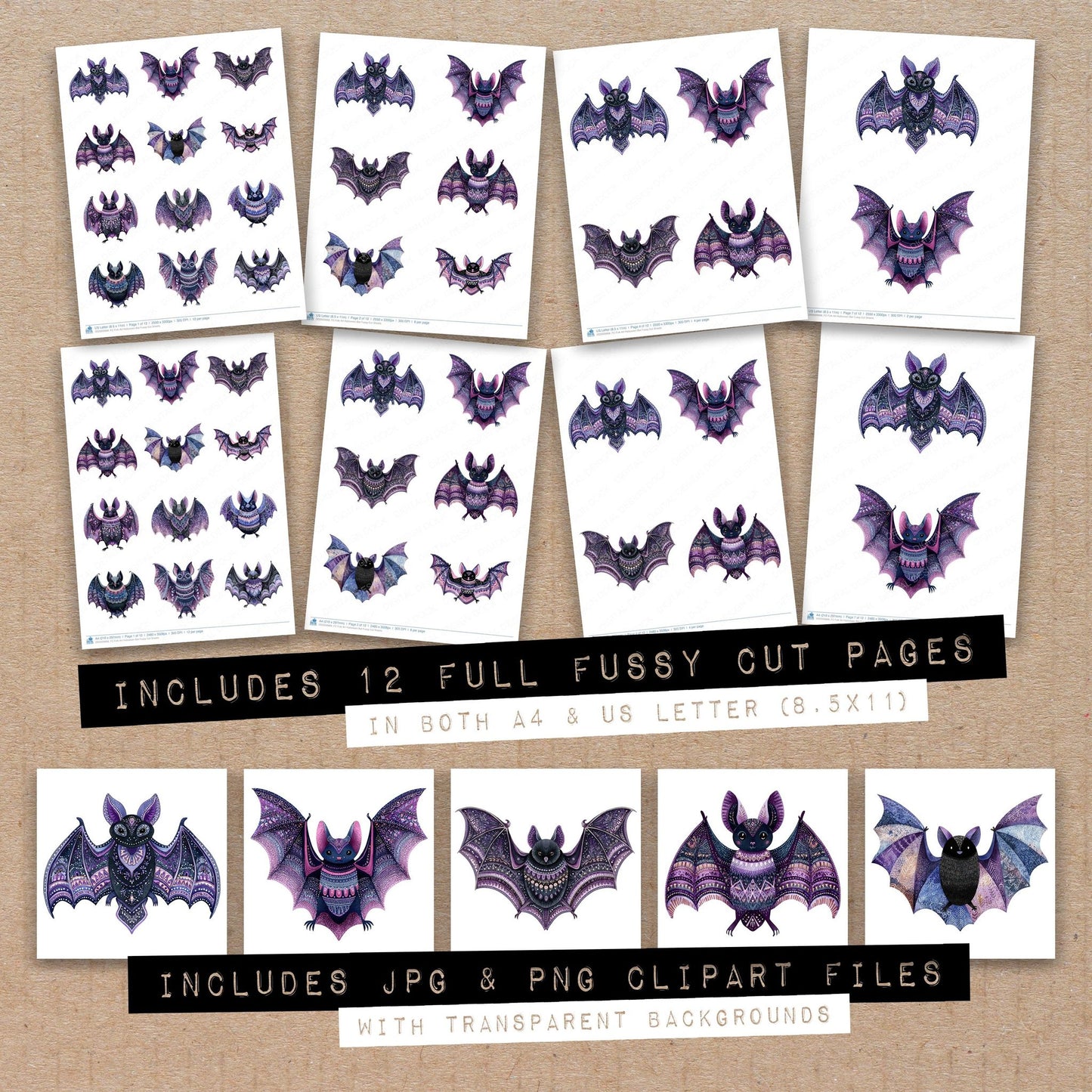 Full collection view of Folk Art Halloween Bat fussy cut sheets with bonus clipart JPG and PNG files