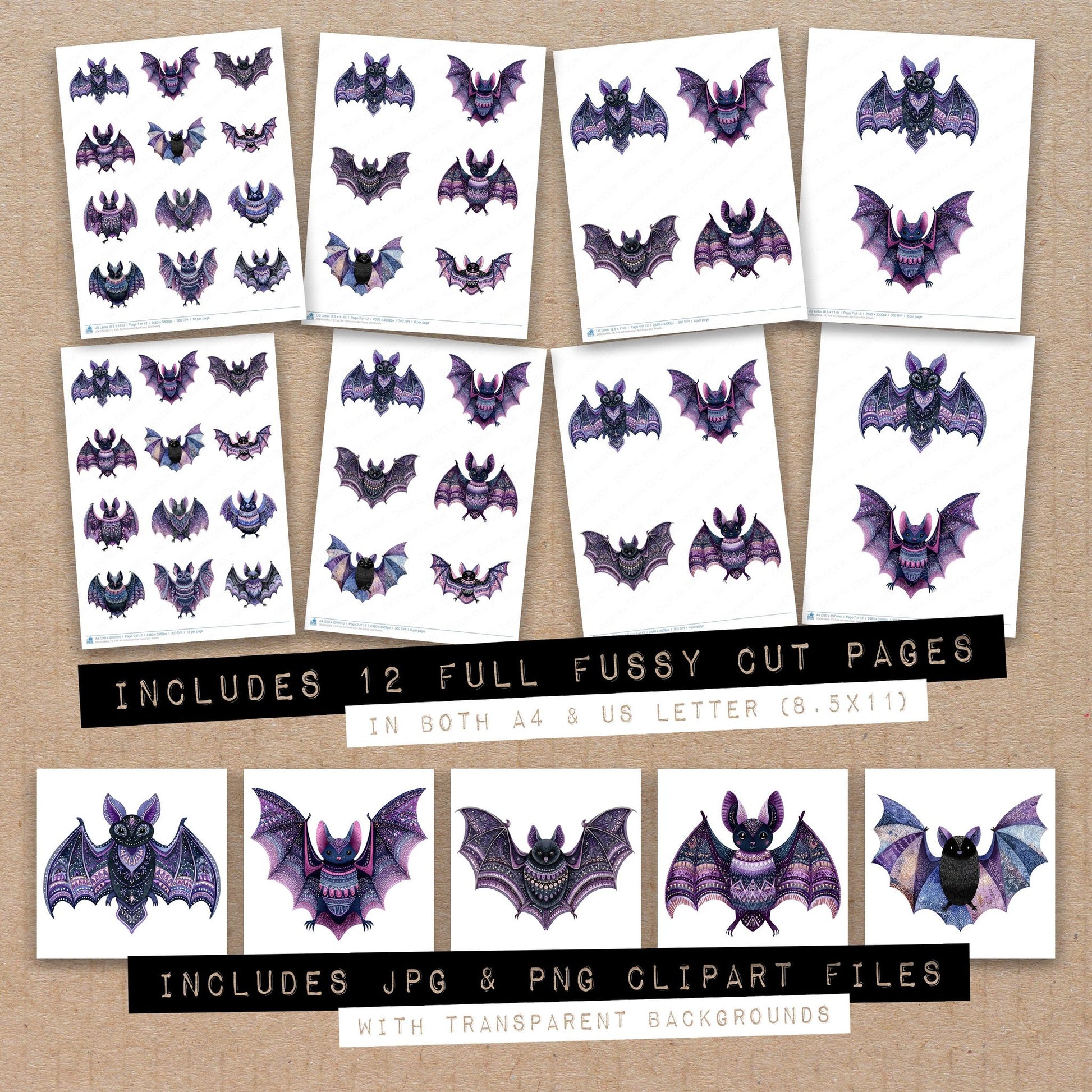 Full collection view of Folk Art Halloween Bat fussy cut sheets with bonus clipart JPG and PNG files