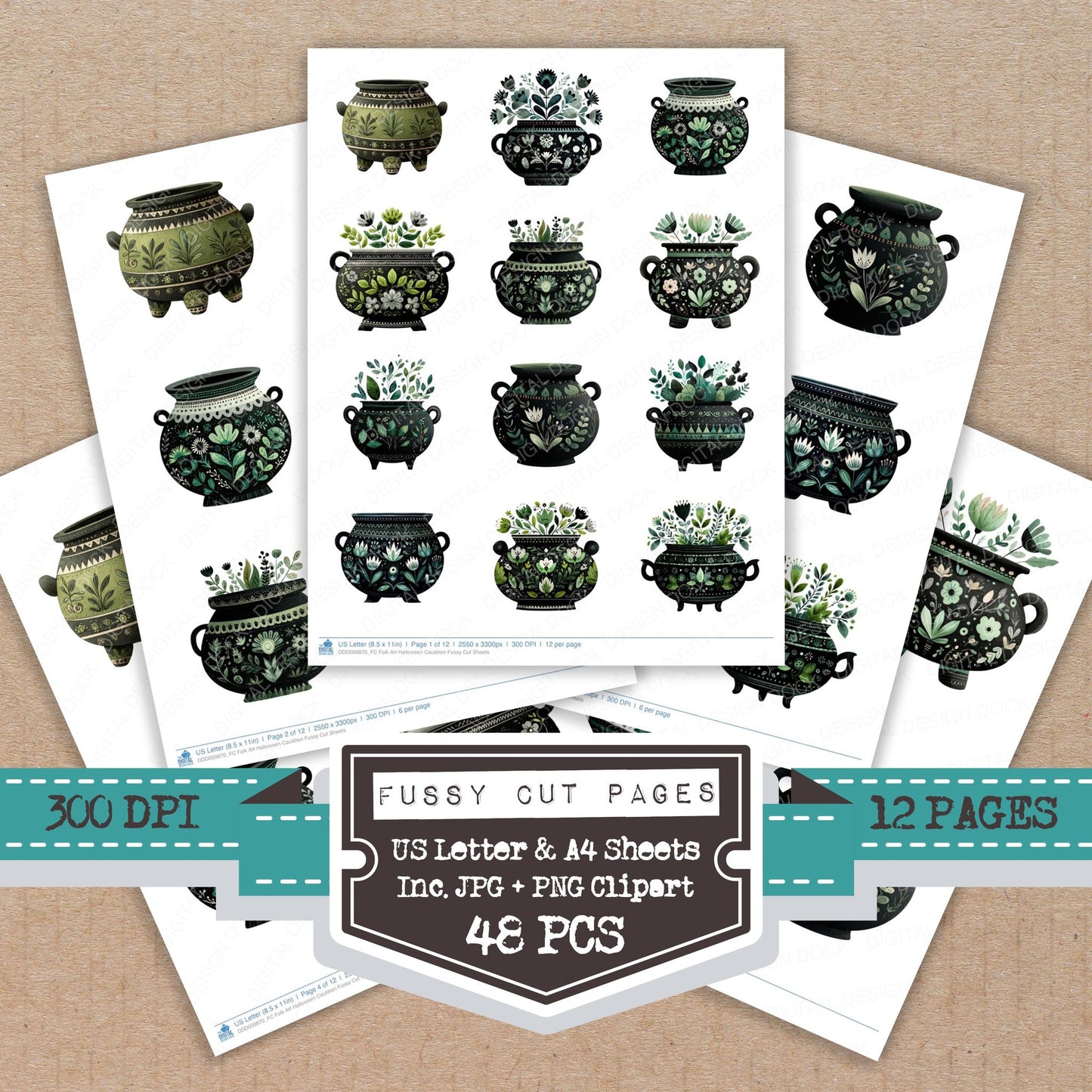 Folk Art Halloween Cauldron fussy cut printable sheets for junk journaling, scrapbooking, and paper craft projects
