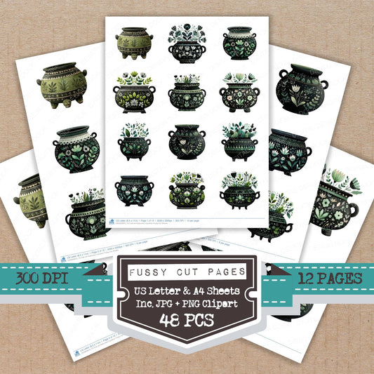Folk Art Halloween Cauldron fussy cut printable sheets for junk journaling, scrapbooking, and paper craft projects