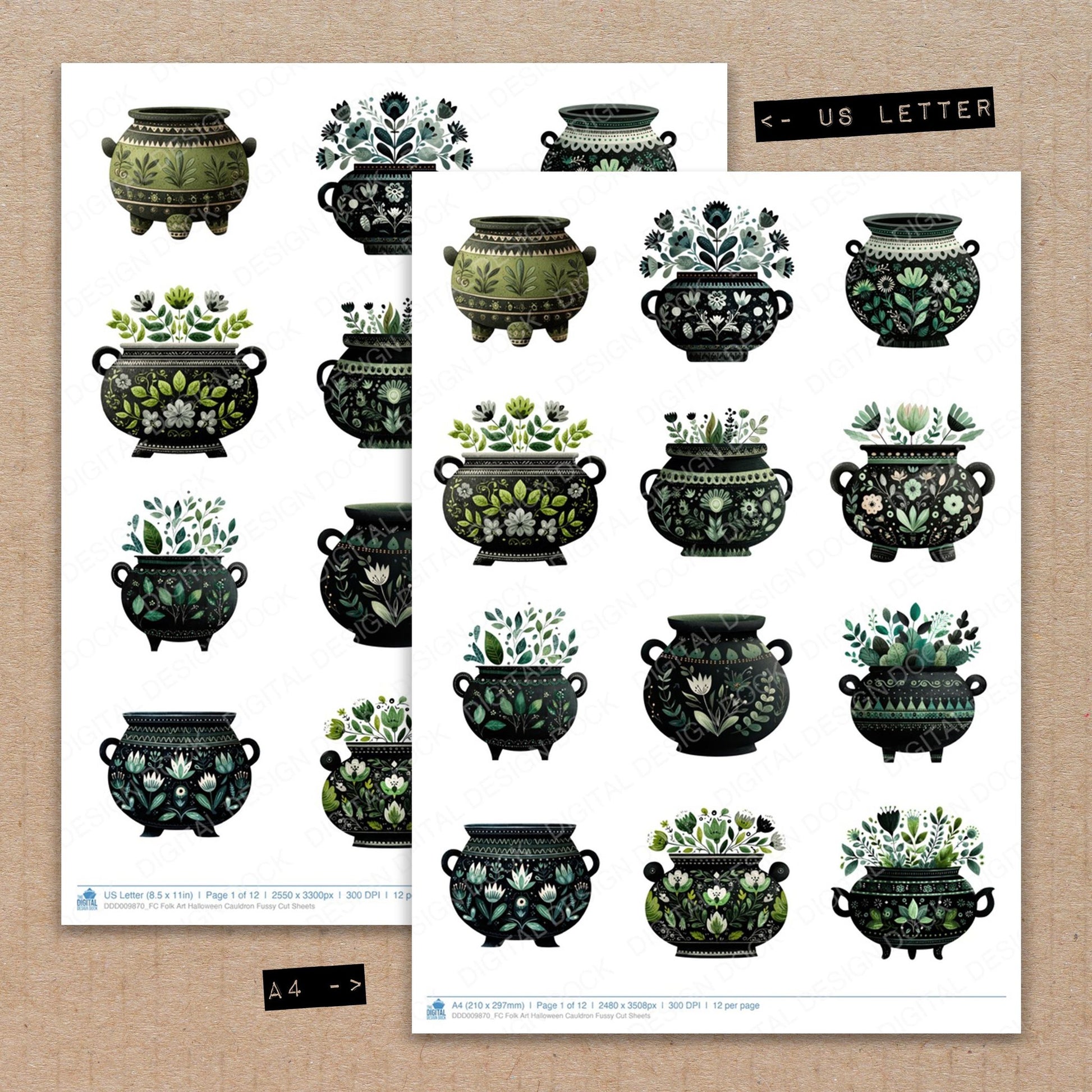 A4 and US Letter format comparison showing Folk Art Halloween Cauldron fussy cut pages for print and cut crafting