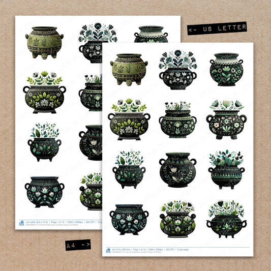 A4 and US Letter format comparison showing Folk Art Halloween Cauldron fussy cut pages for print and cut crafting