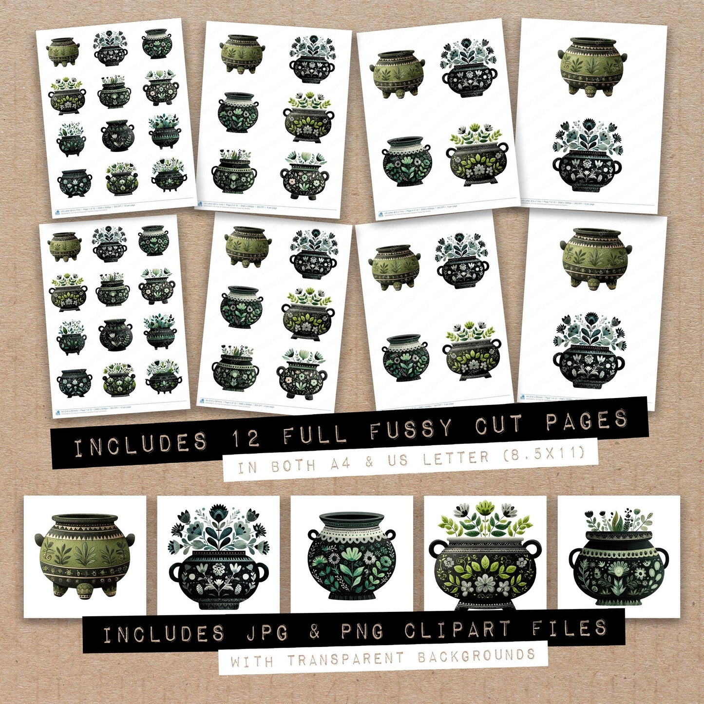 Full collection view of Folk Art Halloween Cauldron fussy cut sheets with bonus clipart JPG and PNG files