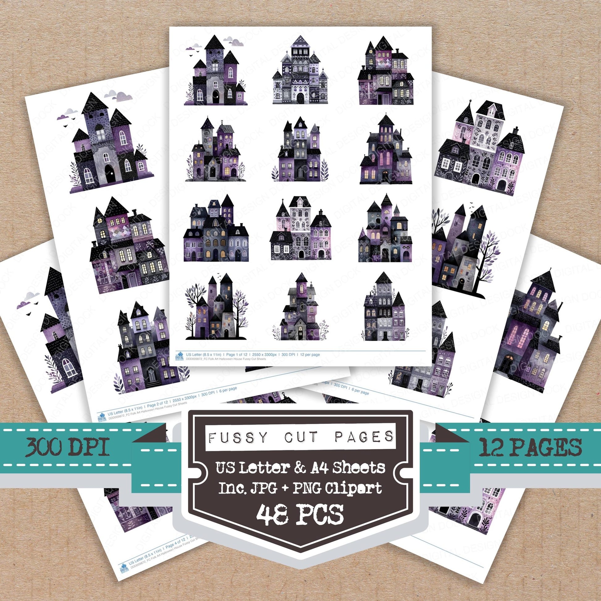 Folk Art Halloween House fussy cut printable sheets for junk journaling, scrapbooking, and paper craft projects