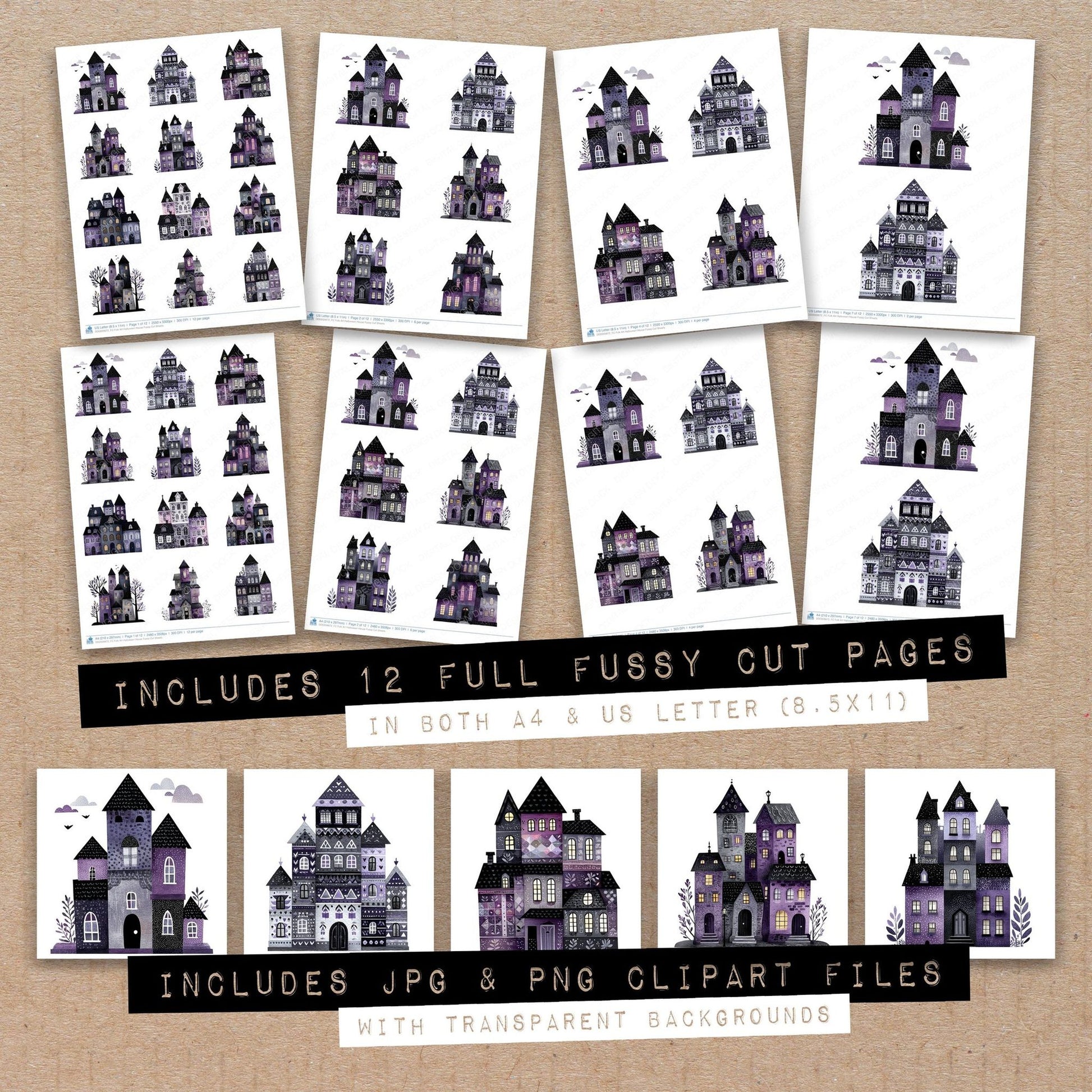 Full collection view of Folk Art Halloween House fussy cut sheets with bonus clipart JPG and PNG files