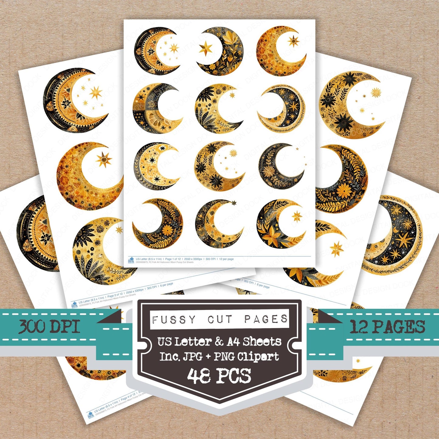 Folk Art Halloween Moon fussy cut printable sheets for junk journaling, scrapbooking, and paper craft projects