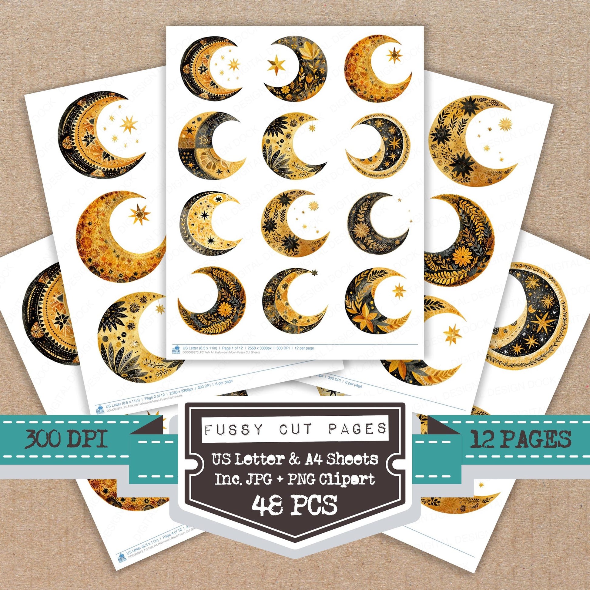 Folk Art Halloween Moon fussy cut printable sheets for junk journaling, scrapbooking, and paper craft projects
