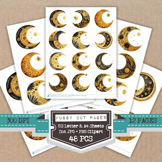 Folk Art Halloween Moon fussy cut printable sheets for junk journaling, scrapbooking, and paper craft projects