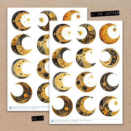 A4 and US Letter format comparison showing Folk Art Halloween Moon fussy cut pages for print and cut crafting